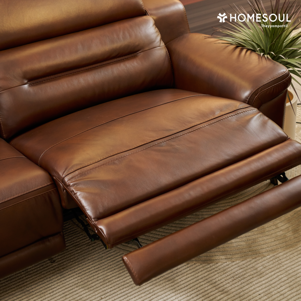 KUKA premium zero gravity motorized leather recliner sofa in brown leather finish for luxury modern living room interiors at HomeSoul Theyyampattil