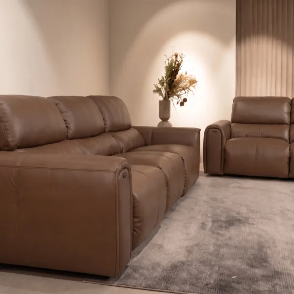 KUKA HOME Brown Italian Leather Recliner Sofa Set 2+3 | HomeSoul Theyyampattil