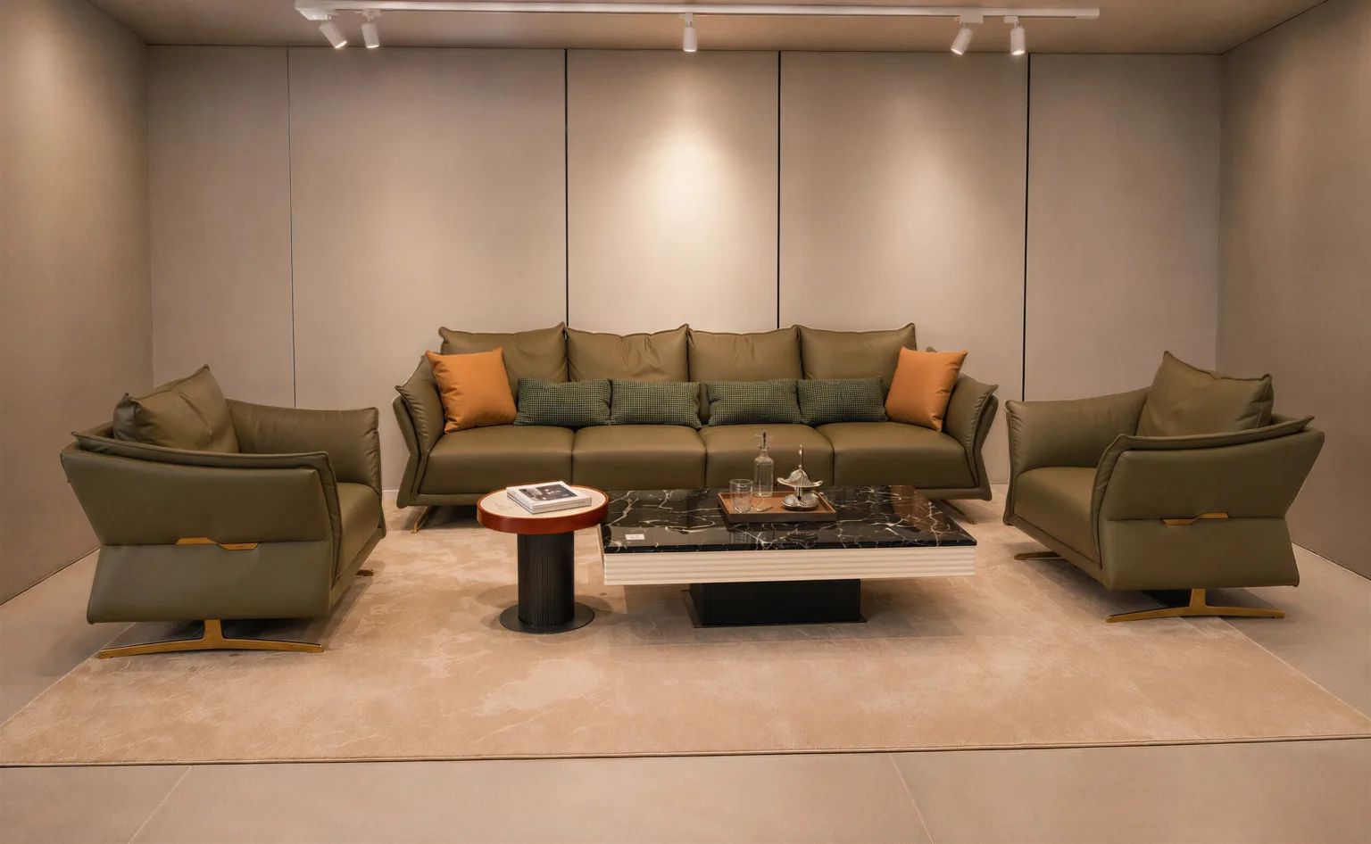 KUKA HOME Italian Napa Leather Sofa Set with Golden Metal Legs | HomeSoul Theyyampattil