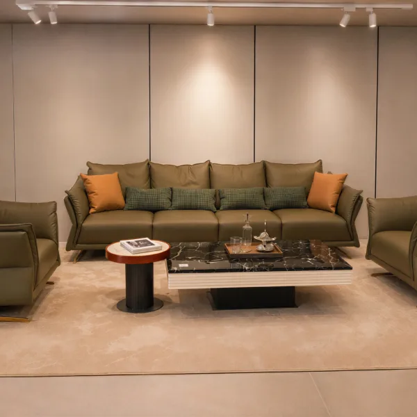 KUKA HOME Italian Napa Leather Sofa Set with Golden Metal Legs | HomeSoul Theyyampattil