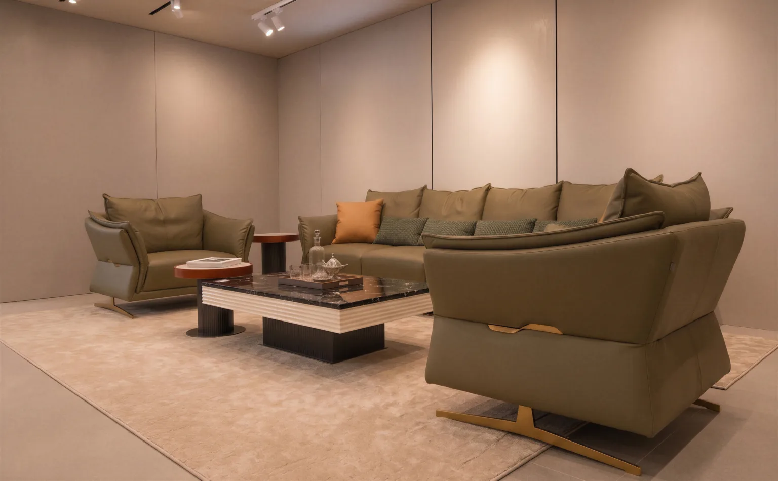 KUKA HOME Italian Napa Leather Sofa Set with Golden Metal Legs | HomeSoul Theyyampattil