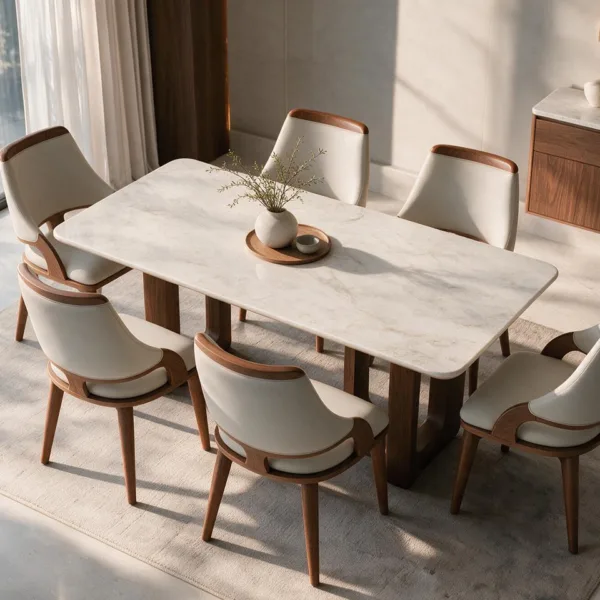 Premium Onyx Marble dining table with Ash Wood frame and leather dining chairs